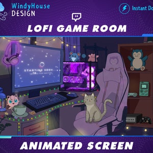 Pantalla animada de transmisión de contracción de la sala de juegos Lofi, sala Lofi, superposición de contracción de la sala acogedora, gato atigrado, día lluvioso, gráficos para Streamer
