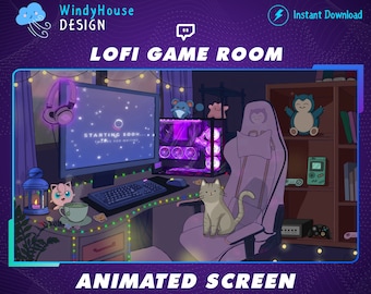 Animierter Lofi Game Room Twitch Stream Screen, Lofi Room, Cosy Room Twitch Overlay, Tabby Cat, Rainy Day, Grafik für Streamer