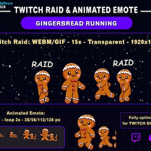 May include: Animated Twitch emote featuring gingerbread men in various poses. The image includes the text "TWITCH RAID & ANIMATED EMOTE" and "GINGERBREAD RUNNING". The emote is designed for Twitch and Discord.