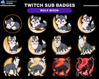 Wolf Moon Twitch Sub Badges/ Wolf Twitch Sub Badges Set/ Moon Twitch Bit Badges/ Twitch Tier Badges