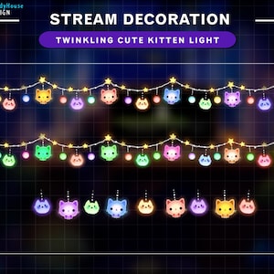 May include: A string of lights featuring cute kitten faces in a range of colours. The lights are strung on a white wire and are hanging against a dark background. The text "STREAM DECORATION" and "TWINKLING CUTE KITTY LIGHT" is displayed above the lights.
