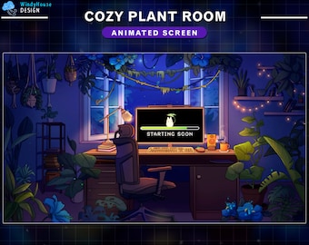 Animated Stream Screens Aesthetic Game Room Plant, Cozy Plant Room Twitch Screens with PC, Hanging Plant Pot, Night Sky, Twinkle Star