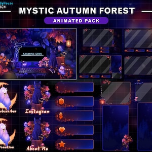 Könnte beinhalten: Ein digitales Kunstpaket mit einem mystischen Herbstwald-Thema. Das Design umfasst einen Computerbildschirm mit dem Text "STARTING SOON", schwarze Katzen, Geister und einen Halbmond mit einem Geist. Das Paket enthält auch animierte Overlays und Social-Media-Buttons.