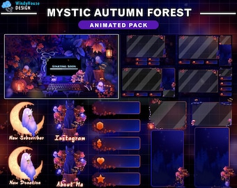 Autumn Mystic Forest Animated Stream Package, Ghost Twitch Overlay with Black Cat, Pumpkin, Night Moon, Mushrooms, Cozy Fall Vibes