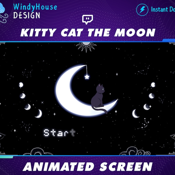 Animated Black Cat Twitch Stream Screen/ Celestial Night Overlays, Streamer Graphics, Moon, Star, Chibi Cat, Tarrot