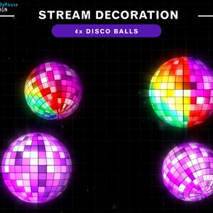 Op de afbeelding: Vier discoballen, twee zijn paars en twee zijn regenboogkleurig. De tekst "STREAM DECORATION 4x DISCO BALLS" staat boven de ballen.