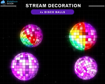 4x Animated Disco Balls Stream Decoration, Colorful Disco Ball Glowing Twitch Overlay, Happy Birthday, Graduation, Celebrate Party