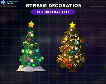 May include: Two cartoon Christmas trees decorated with lights, ornaments, candy canes, and bows. The trees are against a dark blue background with a white grid pattern. The text "STREAM DECORATION 2X CHRISTMAS TREE" is at the top of the image.