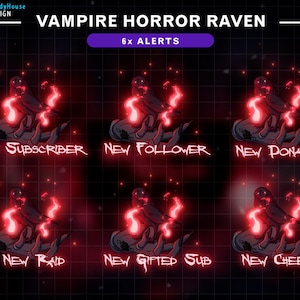 May include: A digital graphic with a dark background and a grid pattern. The image features six animated alerts with a raven and a hand, each with text like "New Subscriber" in red. The title "VAMPIRE HORROR RAVEN" is at the top.
