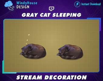 Animated Gray Cat Sleeping Stream Decoration, Kitty Cat Twitch, Tabby Cat Stream Add-on Kawaii Twitch Overlay...