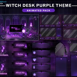 Può includere: Un pacchetto di arte digitale con un tema strega viola. Il pacchetto include overlay animati, pannelli e una scena con un gatto, candele e un computer che dice "Starting Soon". Il pacchetto ha un'estetica oscura e gotica.