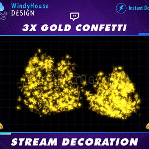 Op de afbeelding: Drie gouden confetti-explosies tegen een zwarte achtergrond. De confetti heeft de vorm van sterren en linten. De tekst "3X GOLD CONFETTI" staat bovenaan de afbeelding. De tekst "STREAM DECORATION" staat onderaan de afbeelding.