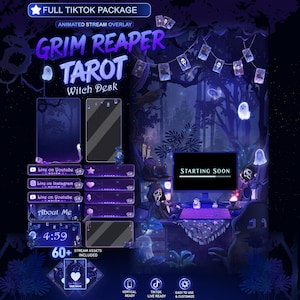 May include: A digital streaming overlay package with a witchy theme. The design features the words "Grim Reaper Tarot Witch Desk" in purple. The image includes animated elements, a computer screen displaying "Starting Soon", and social media icons. The color scheme is dark blue.