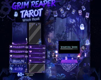 TIKTOK Stream Package Grim Reaper Tarot Card Mystic Forest, Cute Ghost Spirit Witch Desk Animated Vertical TIKTOK Overlay