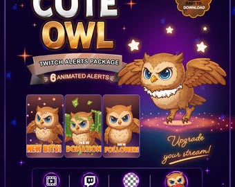 Animated Cute Owl Stream Alerts Pack, Owl Twitch Alerts Bundle with Raid Alert, Bonus Emotes for Twitch Discord Kick (WEBM GIF)