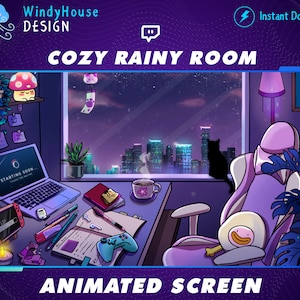 Acogedora habitación lluviosa: vista nocturna de la pantalla de transmisión de superposición de Twitch de la ciudad, superposición acogedora de Twitch, escenas de gatos negros para OBS Streamlap