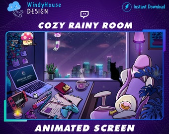 Cozy Rainy Room - Night View of City Twitch Overlay Stream Screen, Cozy Twitch Overlay, Black Cat Scenes For OBS Streamlap