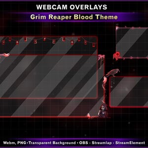 May include: Webcam overlays with a Grim Reaper Blood Theme. The design features transparent frames with red borders and decorative elements like a raven, a ghost, and hanging skull lights. The background is black with a grid pattern.