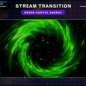 Op de afbeelding: Een groene vortex energie stroom overgangseffect met een zwarte achtergrond en witte stippen. De tekst "STREAM TRANSITION" en "GREEN VORTEX ENERGY" wordt boven de afbeelding weergegeven.