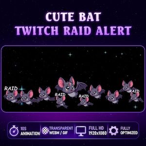 Könnte beinhalten: Eine digitale Grafik mit dem Text "CUTE BAT TWITCH RAID ALERT". Das Bild zeigt Cartoon-Fledermäuse mit rosa Ohren und Flügeln vor einem sternenklaren schwarzen Hintergrund. Das Wort "RAID" erscheint in der Nähe einiger Fledermäuse. Zusätzlicher Text enthält "10S ANIMATION", "TRANSPARENT WEBM/GIF", "FULL HD 1920x1080" und "FULLY OPTIMIZED".