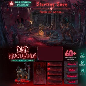 May include: A digital stream overlay package titled DBD BLOODLANDS featuring a dark, horror-themed illustration of a hooded figure with a knife near a cabin, skulls, and a campfire. Includes various red-toned UI elements, frames, and text labels.
