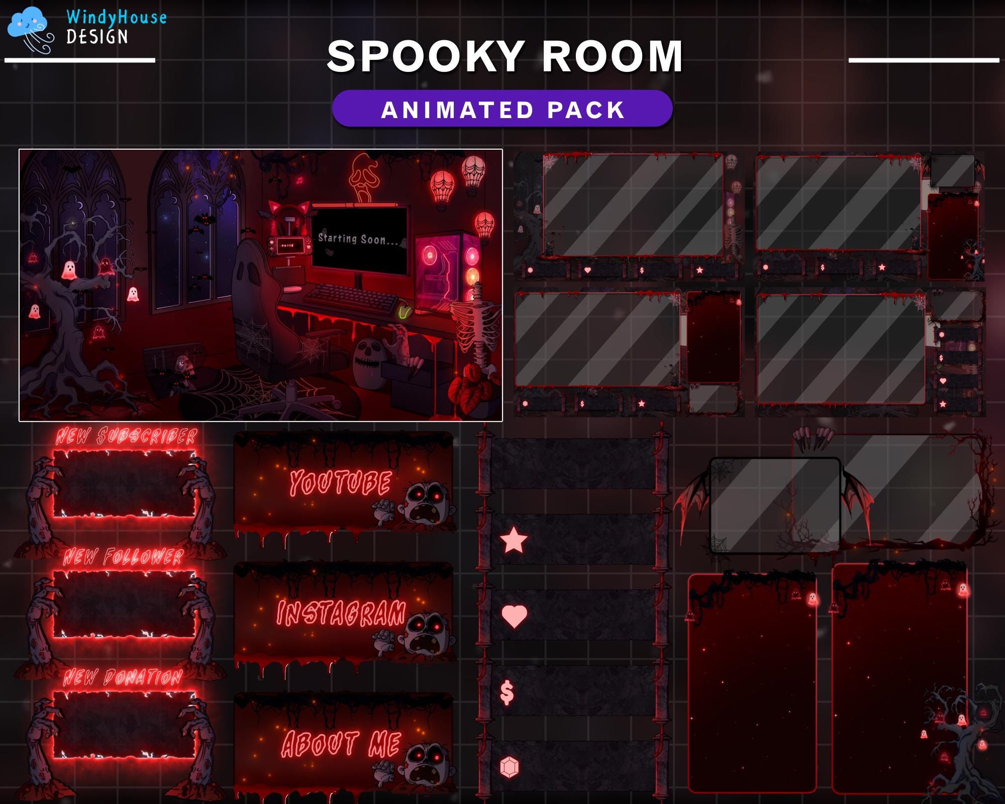 Animated Twitch Full Package Creepy Room, Halloween Room Stream Screens, Spooky Twitch Overlay with Zombie, Ghost, Bat, Skull...