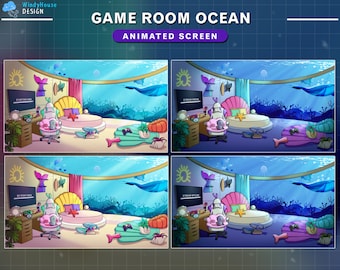 Animated Stream Screens Day and Night Game Room Ocean, Animated Twitch Overlay Underwater Room for for Streamers, OBS, Vtubers, YouTubers