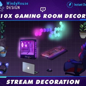 May include: A set of 10 gaming room decor items, including a gaming chair, a keyboard, a computer case, a laptop, a headset, a plant, a bowl of noodles, and a set of hexagonal LED lights. The text "10X GAMING ROOM DECOR" and "STREAM DECORATION" is visible in the image.