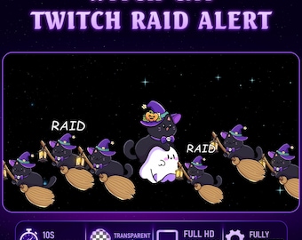 Witch Cat Twitch Raid Alert, Cute Black Cat & Ghost Halloween Stream Alert, Flying Broom Witchy Animation for Twitch OBS