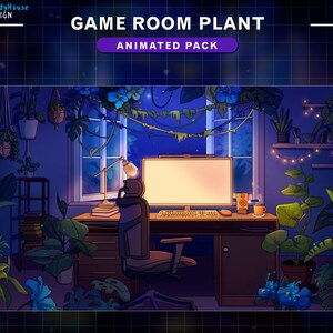 Puede incluir: Una ilustraci&oacute;n digital de una sala de juegos con una computadora, un escritorio y una silla de juego. La habitaci&oacute;n est&aacute; decorada con plantas y luces de cadena. El texto "GAME ROOM PLANT ANIMATED PACK" est&aacute; en la parte superior de la imagen.