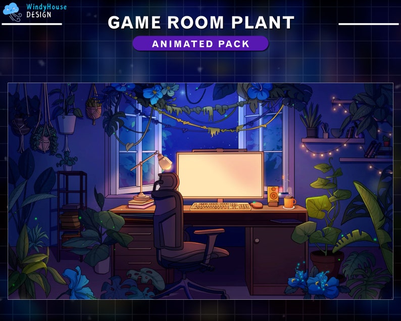 Puede incluir: Una ilustraci&oacute;n digital de una sala de juegos con una computadora, un escritorio y una silla de juego. La habitaci&oacute;n est&aacute; decorada con plantas y luces de cadena. El texto "GAME ROOM PLANT ANIMATED PACK" est&aacute; en la parte superior de la imagen.