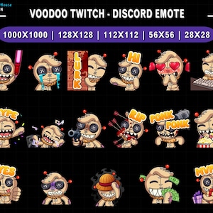 Op de afbeelding: Een verzameling voodoo pop emotes voor Twitch en Discord, elk met een unieke uitdrukking en pose. De emotes bevatten tekstballonnen met woorden als "HI", "HYPE" en "MVP". De poppen zijn beige met knoopogen en gestikte monden, tegen een zwarte rasterachtergrond.