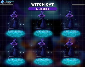 Animated Witch Cat Twitch Alerts, Gothic Stream Alert for Spooky Overlay, Witchy Theme