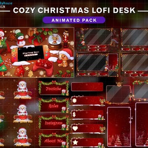 Pakiet animowanego streamingu: biurko Lofi na Boże Narodzenie, przytulna zimowa nakładka Twitch z piernikami, lampkami świątecznymi, reniferami, choinką...
