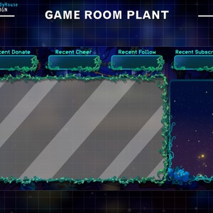 Puede incluir: Una superposici&oacute;n de Twitch azul y verde con un borde de vid frondoso. La superposici&oacute;n tiene un gran espacio rectangular en el centro y cuatro espacios rectangulares m&aacute;s peque&ntilde;os en la parte superior. El texto "GAME ROOM PLANT" est&aacute; en la parte superior de la superposici&oacute;n.