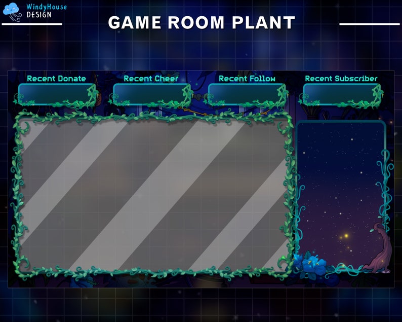 Puede incluir: Una superposici&oacute;n de Twitch azul y verde con un borde de vid frondoso. La superposici&oacute;n tiene un gran espacio rectangular en el centro y cuatro espacios rectangulares m&aacute;s peque&ntilde;os en la parte superior. El texto "GAME ROOM PLANT" est&aacute; en la parte superior de la superposici&oacute;n.