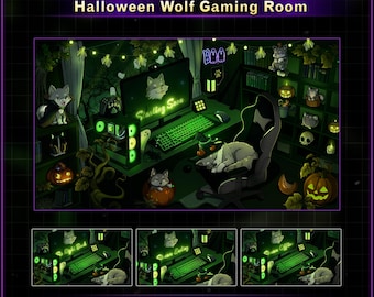 Animated Halloween Wolf Gaming Room Stream Screens, Cute Wolf Twitch Overlay with Ghost, Pumpkin, Spooky Stream Overlays for OBS, Streamlabs