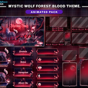 Puede incluir: Paquete de superposición de Twitch animado con un esquema de color rojo, negro y blanco. La superposición presenta un lobo, una calavera y una escena de bosque. El texto "Mystic Wolf Forest Blood Theme" y "Starting Soon" es visible en la imagen.