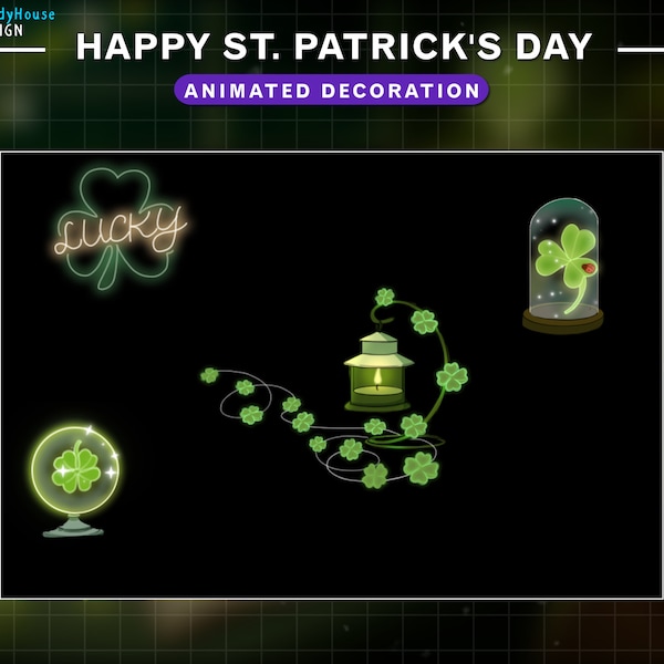 4x Animated Happy Patrick's Day Twitch Stream Decoration, Four-Leaf Clover, Shamrock Lucky Clover, String Light,Falling Leaf Overlay