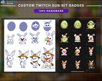 May include: Custom Twitch sub/bit badges featuring cartoon bunnies in various poses and styles. The badges include bunnies in eggs, holding carrots, and wearing hats. The text "100% Handmade" is also included.