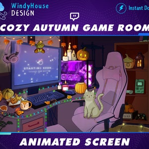 Animated Cozy Autumn Twitch Overlay Stream Screen, Fall Twitch Overlay, Witchy Room Stream Overlay with Maple Leaf and Pumpkin Ghost
