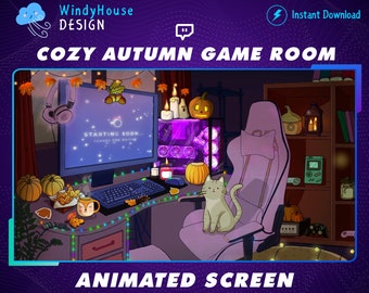 Animated Cozy Autumn Twitch Overlay Stream Screen, Fall Twitch Overlay, Witchy Room Stream Overlay with Maple Leaf and Pumpkin Ghost