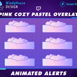 Pink Cozy Pastel Twitch Overlay Stream Alerts, Moon Twitch Overlay, Lofi Twitch Alerts For Streamer