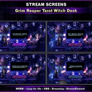 K&ouml;nnte beinhalten: Digitales Kunstdesign mit vier Streaming-Bildschirmen im Grim Reaper-Thema. Jeder Bildschirm zeigt verschiedene Nachrichten: "Starting Soon", "Be Right Back", "Stream Ending" und "Stream Offline". Das Design beinhaltet einen Hexenschreibtisch mit Tarotkarten.