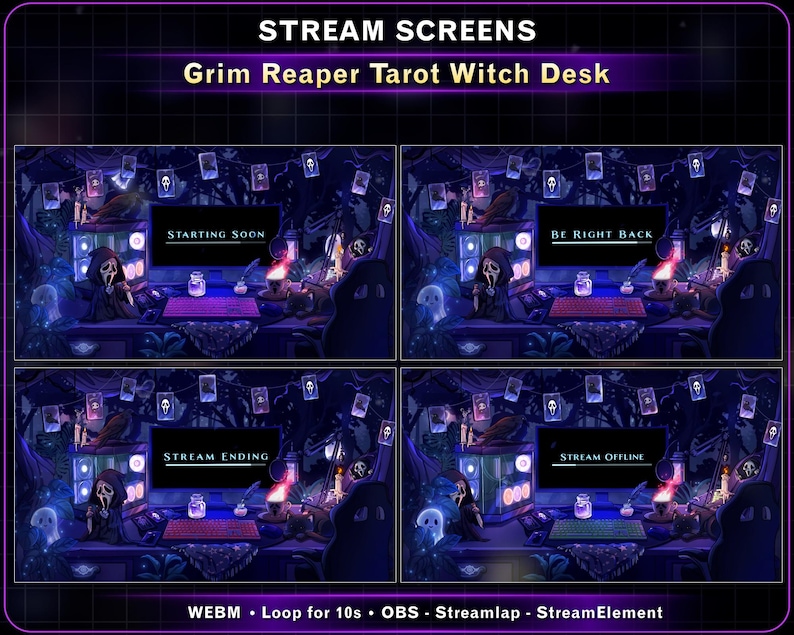 K&ouml;nnte beinhalten: Digitales Kunstdesign mit vier Streaming-Bildschirmen im Grim Reaper-Thema. Jeder Bildschirm zeigt verschiedene Nachrichten: "Starting Soon", "Be Right Back", "Stream Ending" und "Stream Offline". Das Design beinhaltet einen Hexenschreibtisch mit Tarotkarten.