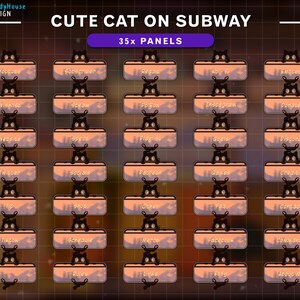 May include: A grid of 35 colourful panels with a black cat peeking over the top of each panel. The panels are labelled with words like "Youtube", "Subscriber", "Reddit", "Ko-Fi", "Emotes", "Wishlist", "Steam", "Po Box", "Instagram", "Donate", "Website", "Specs", "Playlist", "Goals", "Discona", "Twitter", "Socials", "Patreon", "Games", "Credits", "Shop", "Other", "Contact", "Schedule", "Merch", "Facebook", "Commands", "Rules", "Links", "Etsy", and "About Me".