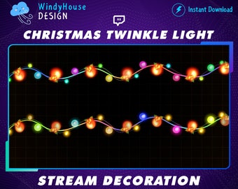 Könnte beinhalten: Animierte Weihnachtslichter mit roten, grünen, gelben, blauen und violetten Glühbirnen, vor einem schwarzen Hintergrund mit einem Gittermuster. Der Text "CHRISTMAS TWINKLE LIGHT" befindet sich oben im Bild und "STREAM DECORATION" unten.