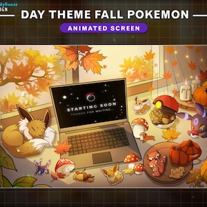 Animiertes Herbst Lofi Schreibtisch Twitch Bildschirm Thema, Herbst Overlay mit Pokemon Evoli, Nachtara, Ahornblatt, Kürbis, Pilz, Kaffee ...