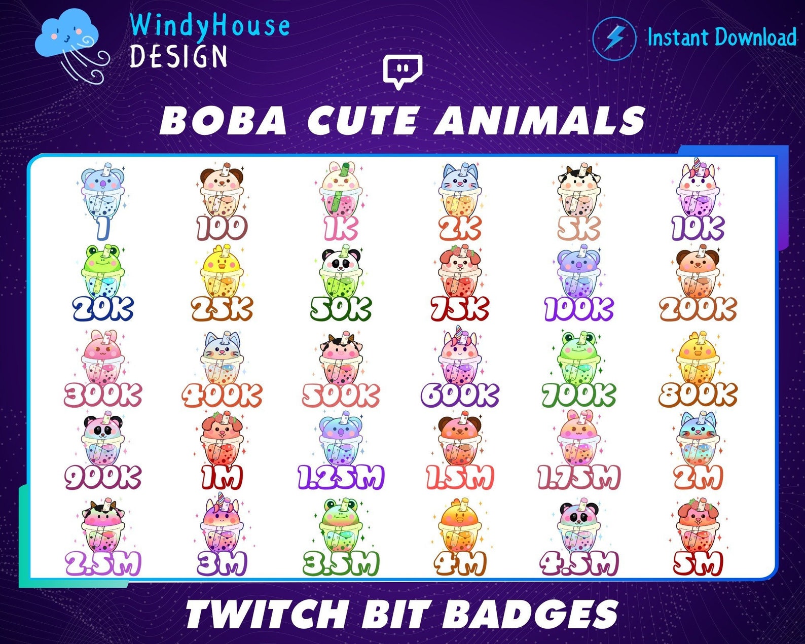 30x Boba Tea Cute Animals Twitch Bit Badges Set, Cute Twitch Bit Badges ...