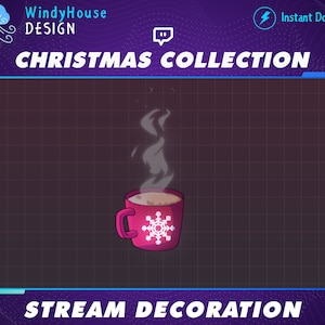 K&ouml;nnte beinhalten: Eine rote Tasse mit einem wei&szlig;en Schneeflocken-Design und Dampf, der aus ihr aufsteigt. Die Tasse befindet sich auf einem dunkelgrauen Hintergrund mit einem Gittermuster. Der Text "CHRISTMAS COLLECTION" befindet sich oben im Bild und "STREAM DECORATION" unten.